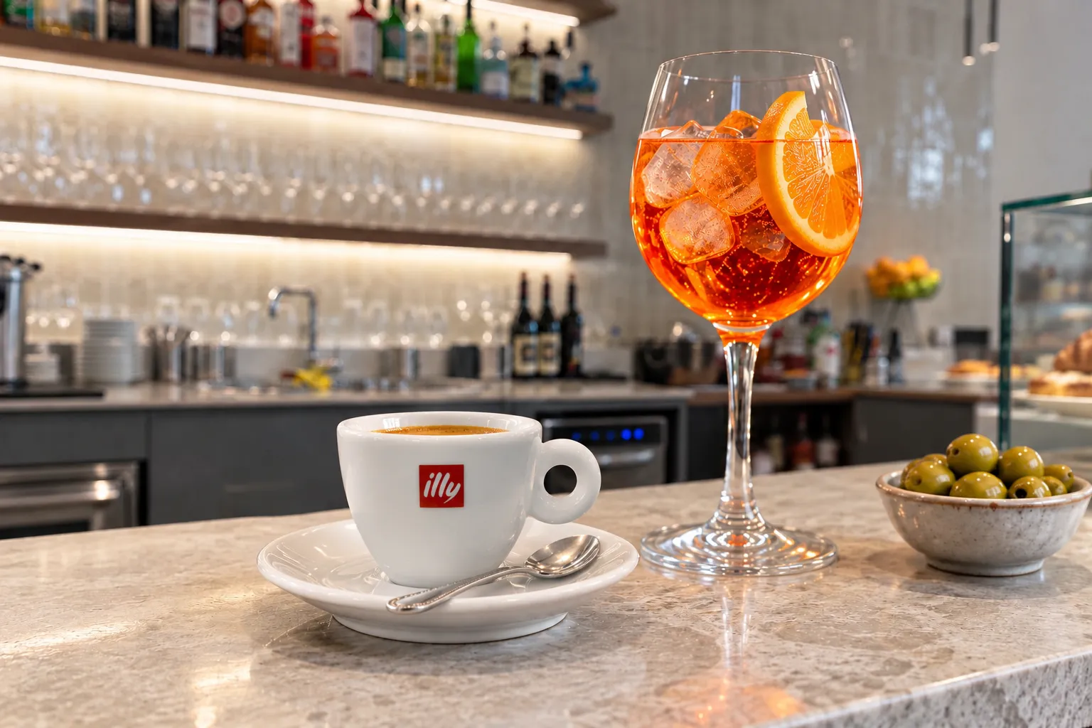 Un caffè e uno spritz sul bancone del Portofino